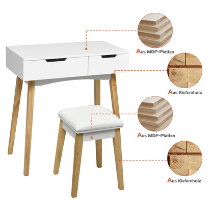 Tocador de madera con espejo abatible y taburete acolchado