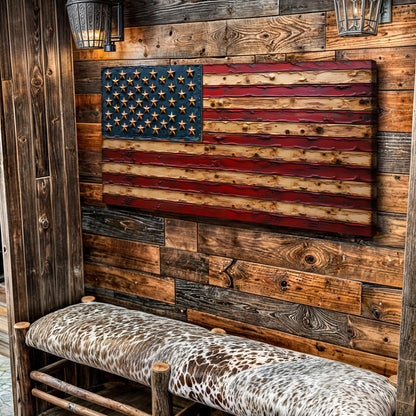 Old Glory American Flag Wall Art canvas with wood flag and blue star field red stripes on Tampa Home & Garden Store