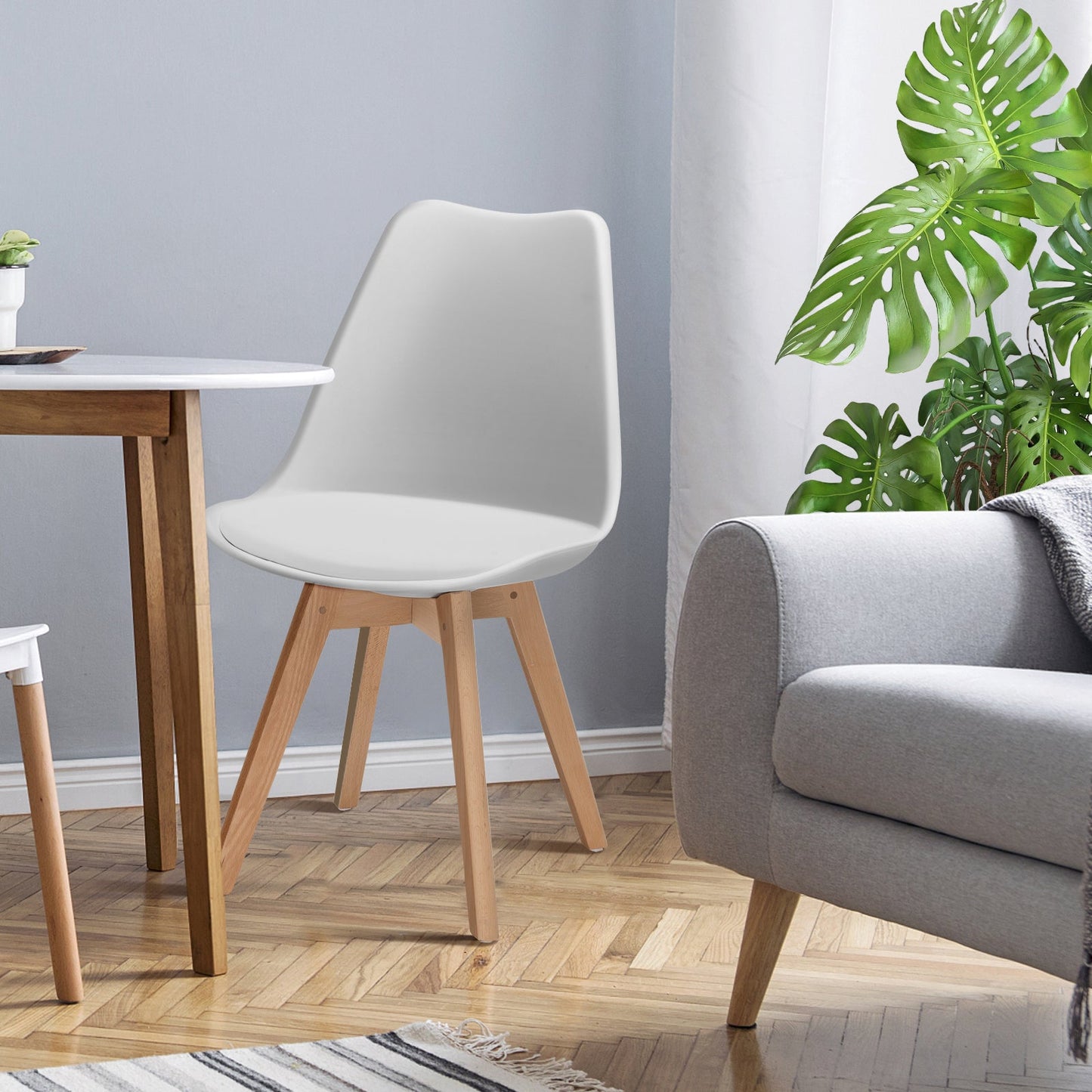Juego de 4 sillas de comedor modernas de mediados de siglo con carcasa de PU y patas de madera - Blancas