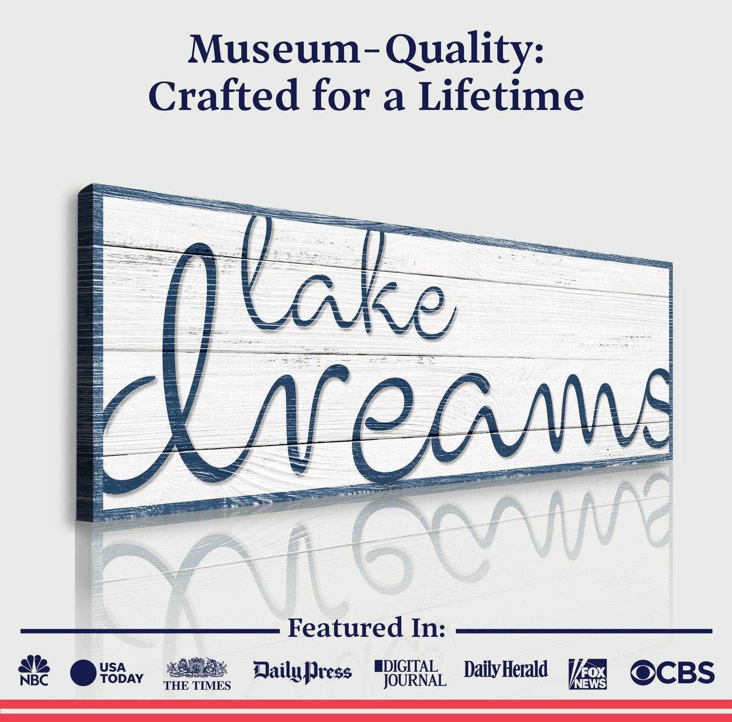 Lake Dreams Sign II canvas by Tailored Canvases white wood background and blue cursive lettering on Tampa Home & Garden Store