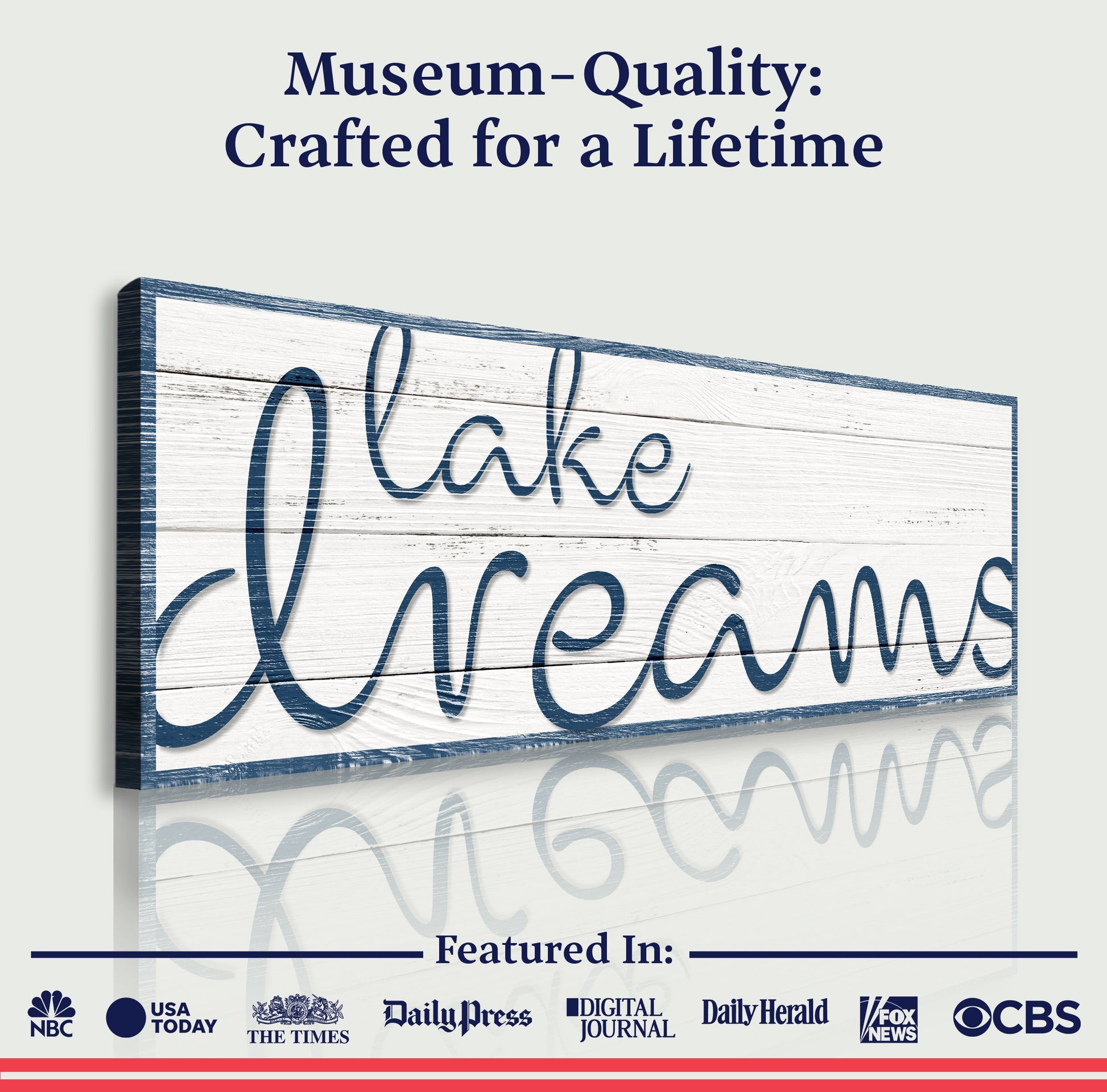Lake Dreams Sign II canvas by Tailored Canvases white wood background and blue cursive lettering on Tampa Home & Garden Store