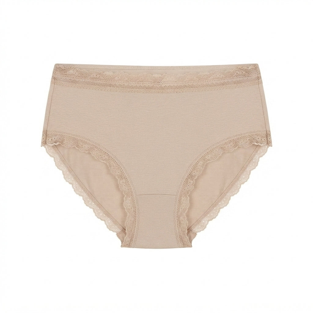 Organic Cotton Lace Mid-rise Brief by Net Positive in nude beige with scalloped lace trim on Tampa Home & Garden Store