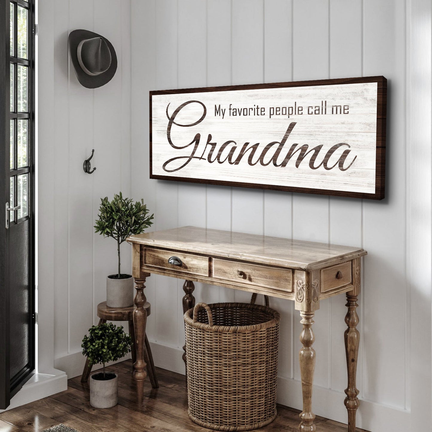 My Favorite People Call Me Grandma Sign canvas with white background and brown script on frame on Tampa Home & Garden Store