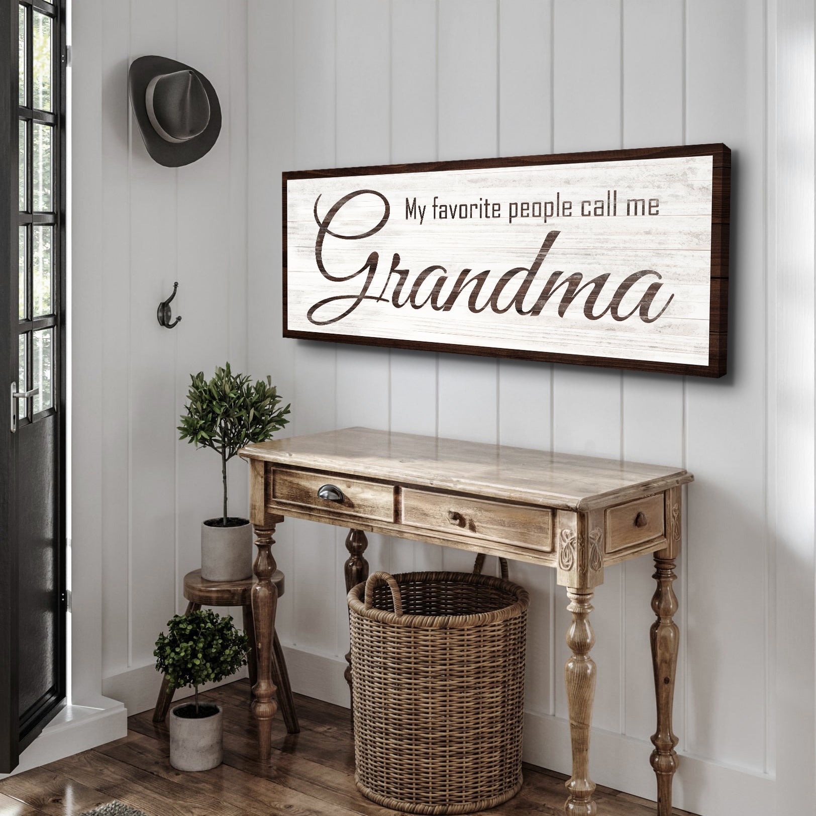 My Favorite People Call Me Grandma Sign canvas with white background and brown script on frame on Tampa Home & Garden Store