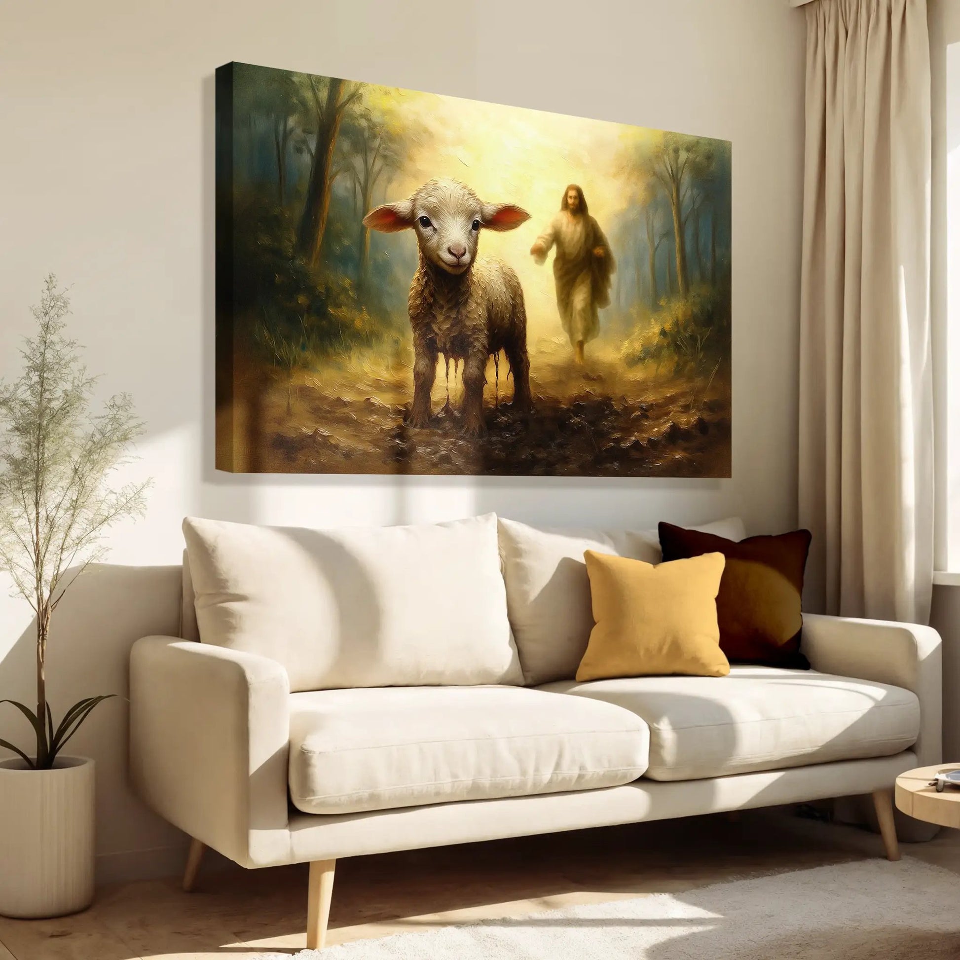 Jesus Running After A Lost Lamb Faith Wall Art canvas in sunlit forest Tailored Canvases on Tampa Home & Garden Store