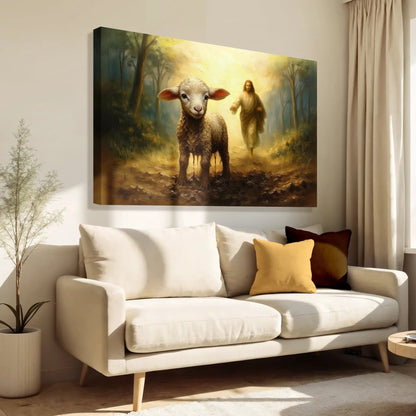 Jesus Running After A Lost Lamb Faith Wall Art canvas in sunlit forest Tailored Canvases on Tampa Home & Garden Store