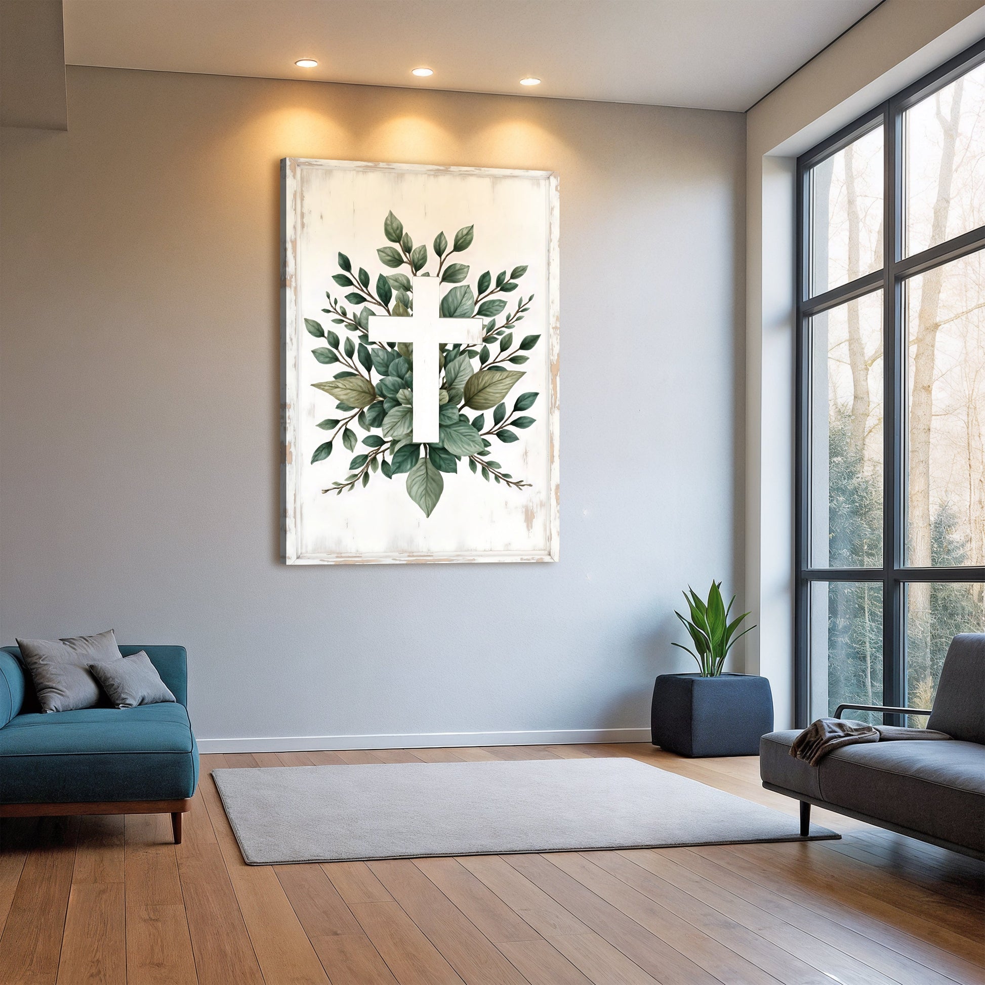 Minimalist Cross Faith Wall Art II canvas by Tailored Canvases with distressed frame and leaves on Tampa Home & Garden Store
