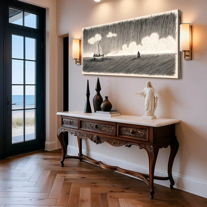 Jesus Walking On Water Faith Wall Art V canvas by Tailored Canvases; black ink illustration on Tampa Home & Garden Store