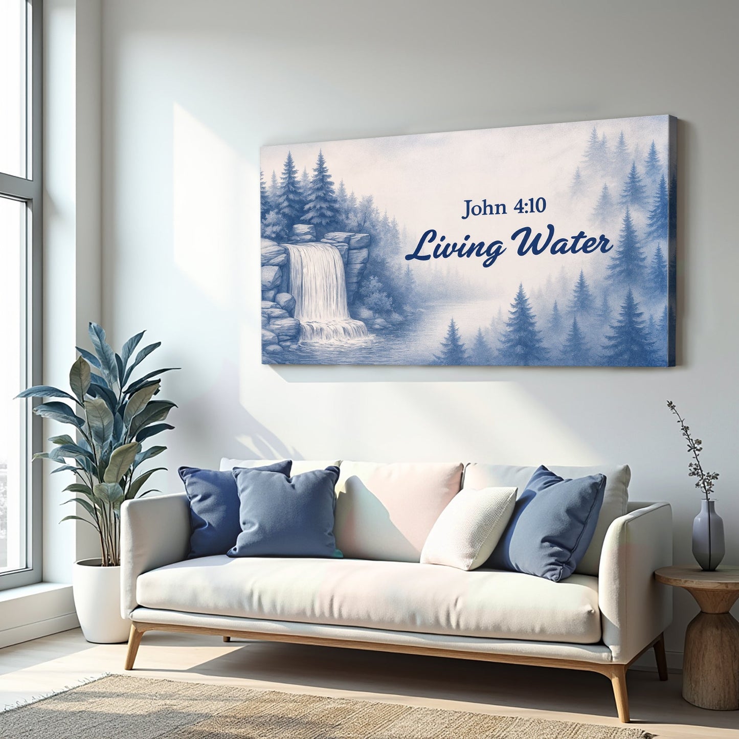 Canvas wall art Living Water John 4:10 Faith Sign by Tailored Canvases in blue forest scene on Tampa Home & Garden Store