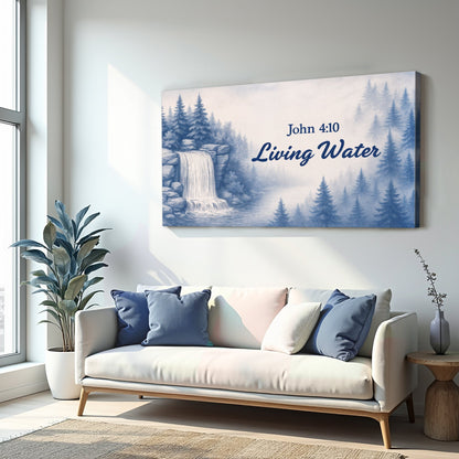 Canvas wall art Living Water John 4:10 Faith Sign by Tailored Canvases in blue forest scene on Tampa Home & Garden Store