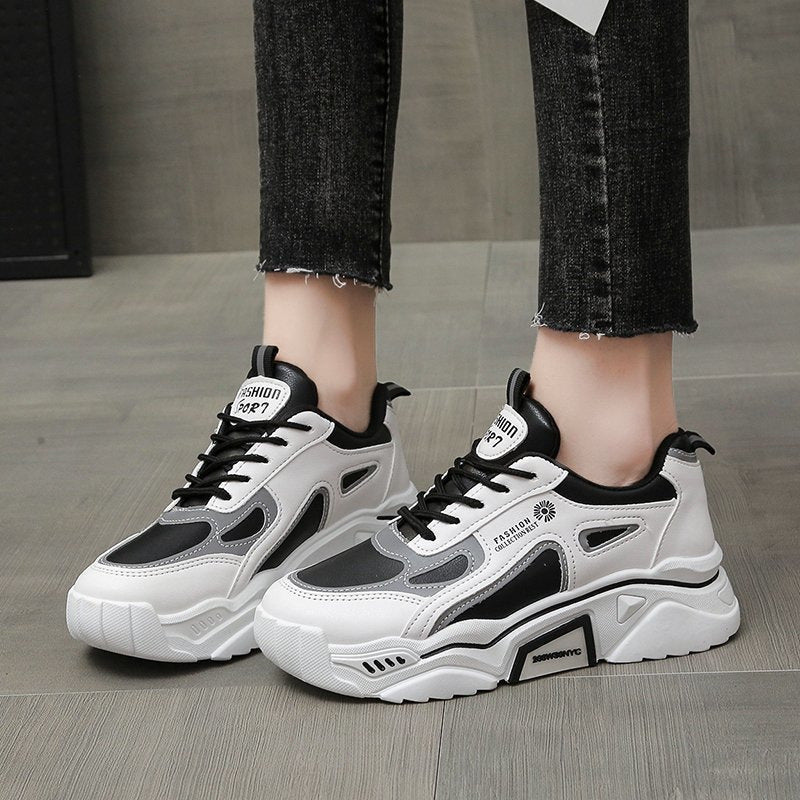 Stevvex pair of women's chunky sneakers lace-up in white black gray mixed color panels on Tampa Home & Garden Store