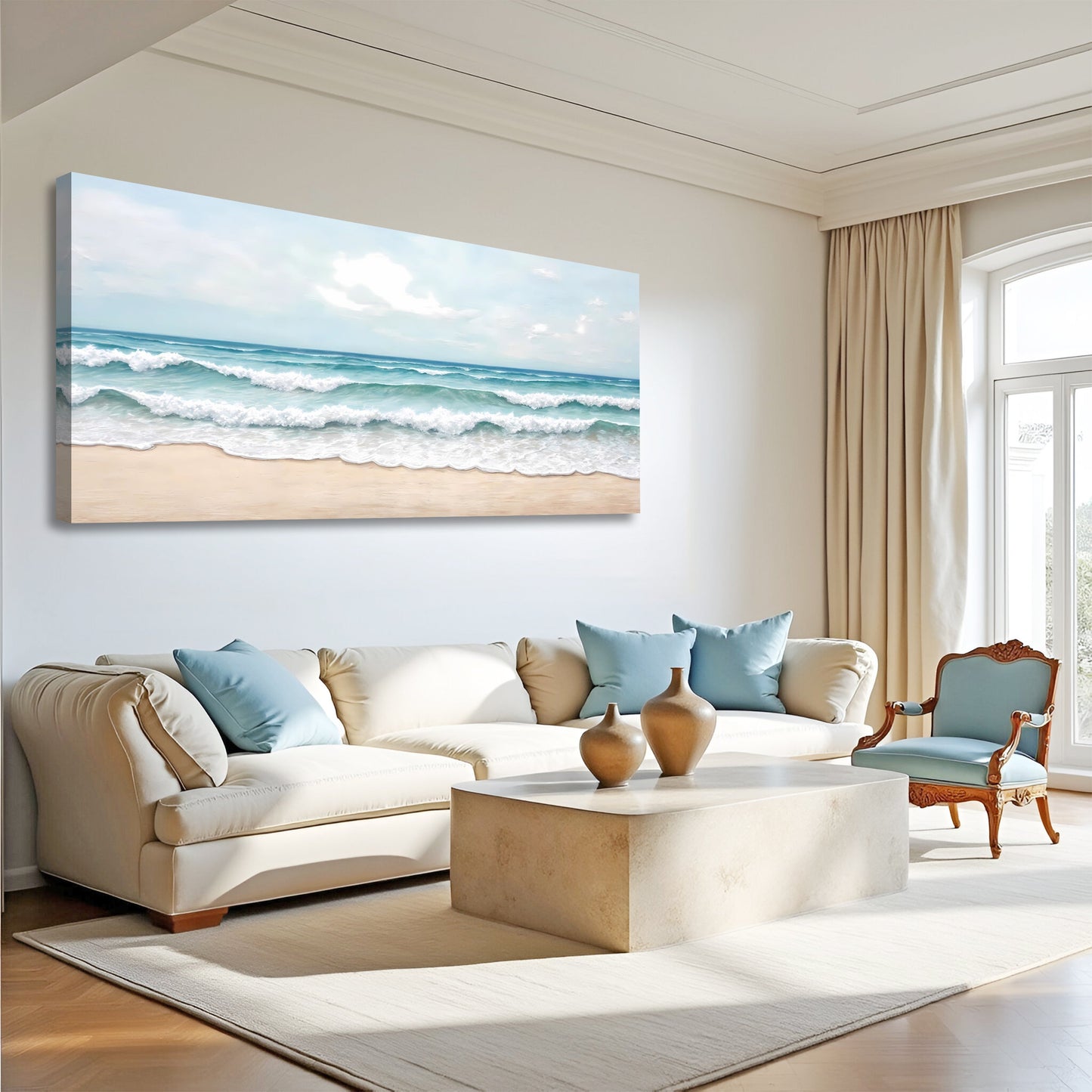 Serene Ocean Wave Coastal Wall Art canvas with blue sea waves and sandy shore on Tampa Home & Garden Store