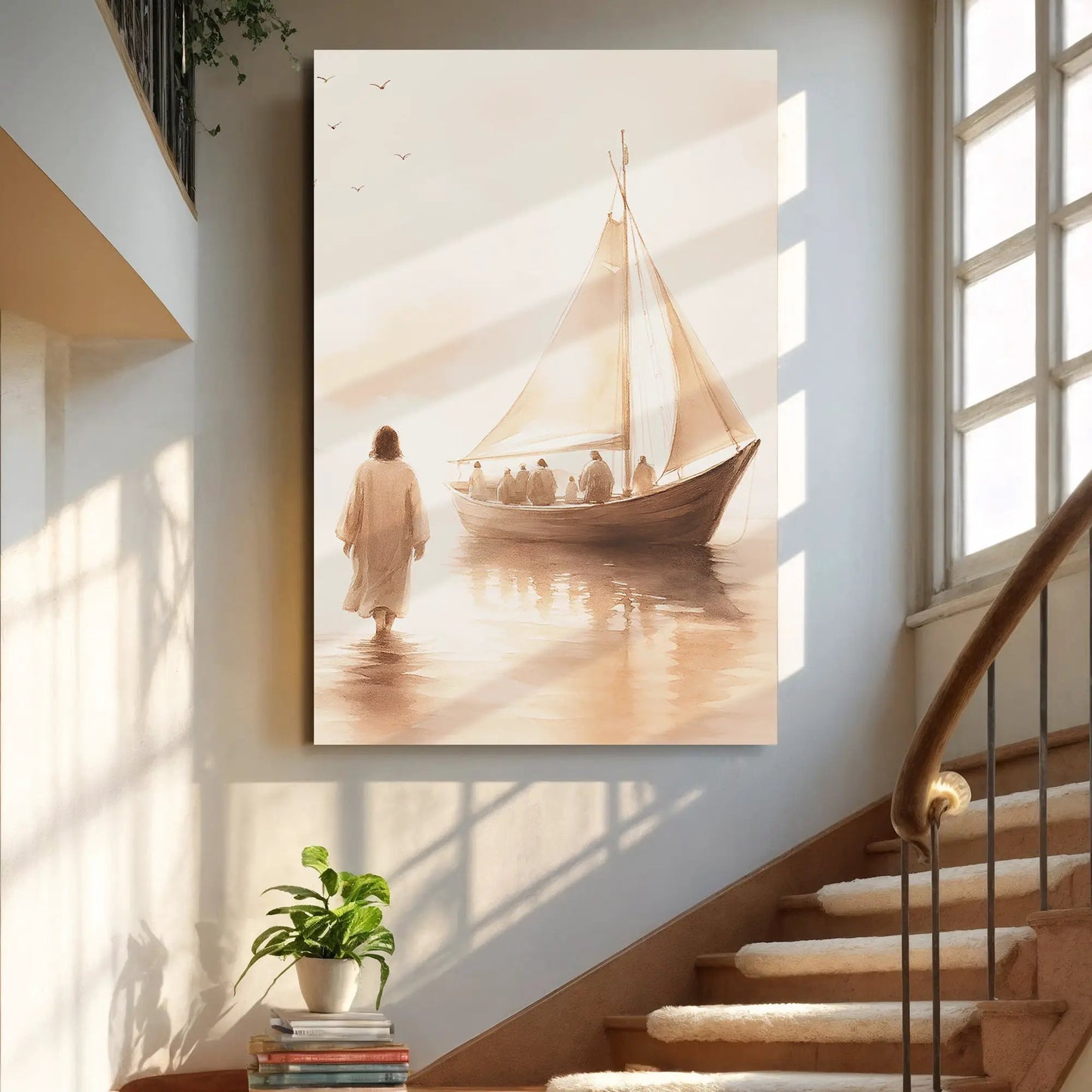 Jesus Christ Walking On Water Faith Wall Art VIII canvas by Tailored Canvases, sepia boat scene on Tampa Home & Garden Store