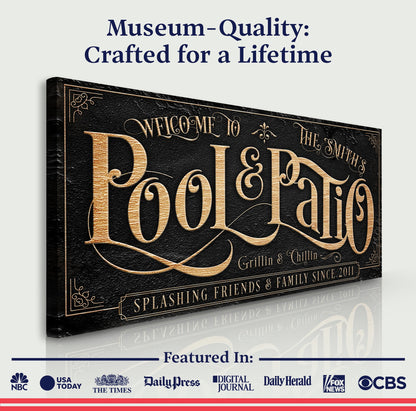 Pool & Patio Sign II canvas by Tailored Canvases with gold lettering on black texture on Tampa Home & Garden Store
