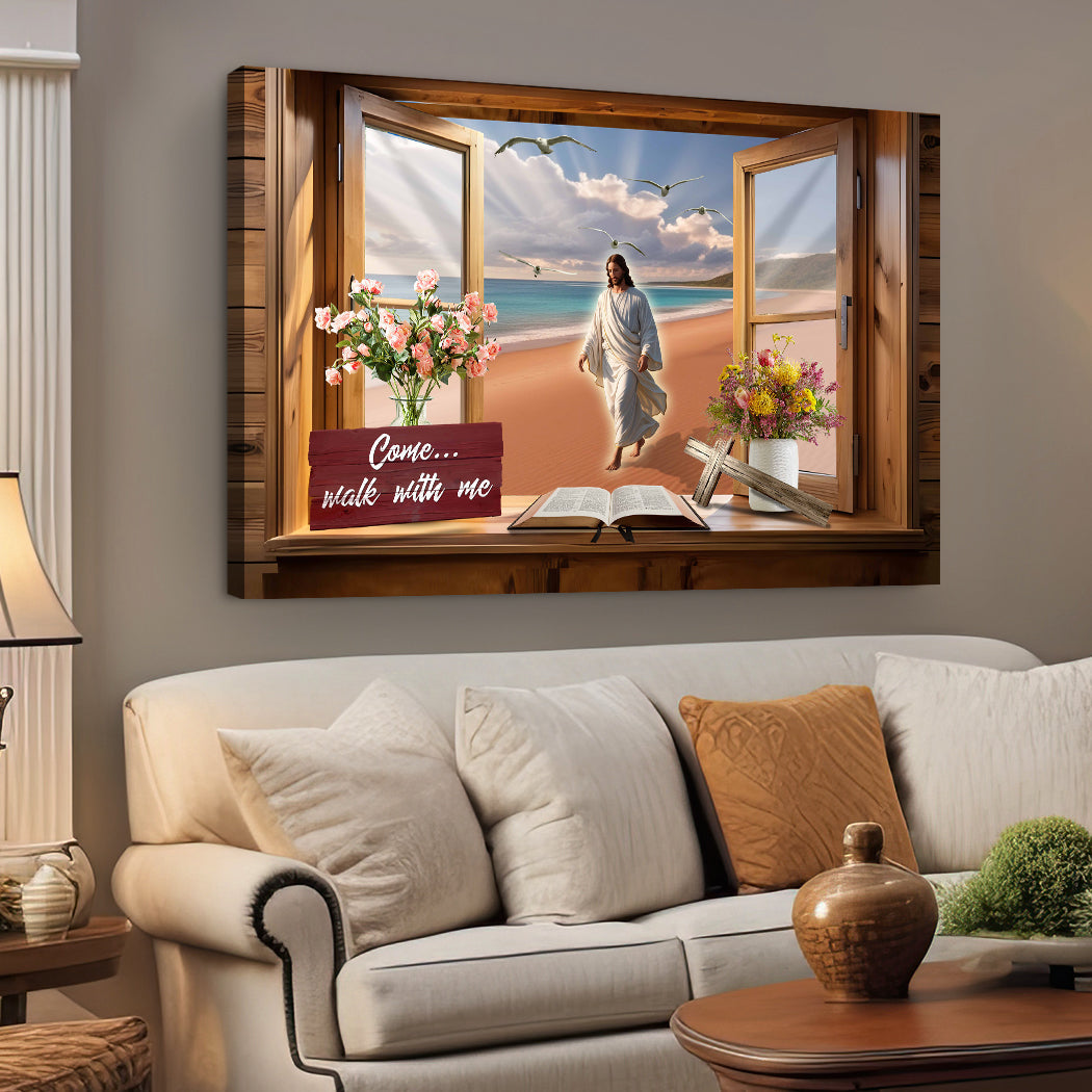 Canvas I Will Walk By Faith Sign by Tailored Canvases; window view with beach, flowers, cross and book on Tampa Home & Garden Store