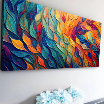 Chroma Whispers Canvas with vibrant abstract leaf swirls in blue teal orange by Tailored Canvases on Tampa Home & Garden Store