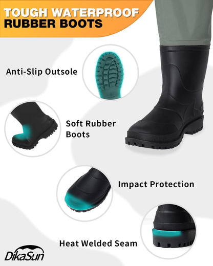 DikaSun Chest Waders with Boots black bootfoot waders teal accents anti-slip sole on Tampa Home & Garden Store