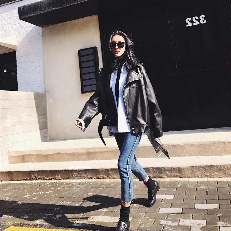 PU Faux Leather Jacket Women Stevvex black bomber biker outerwear casual BF style on Tampa Home & Garden Store