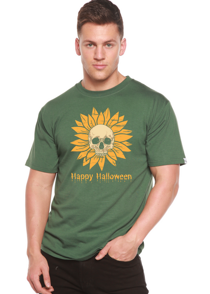 Happy Halloween Day men's bamboo tee in green with orange skull sun graphic on Tampa Home & Garden Store
