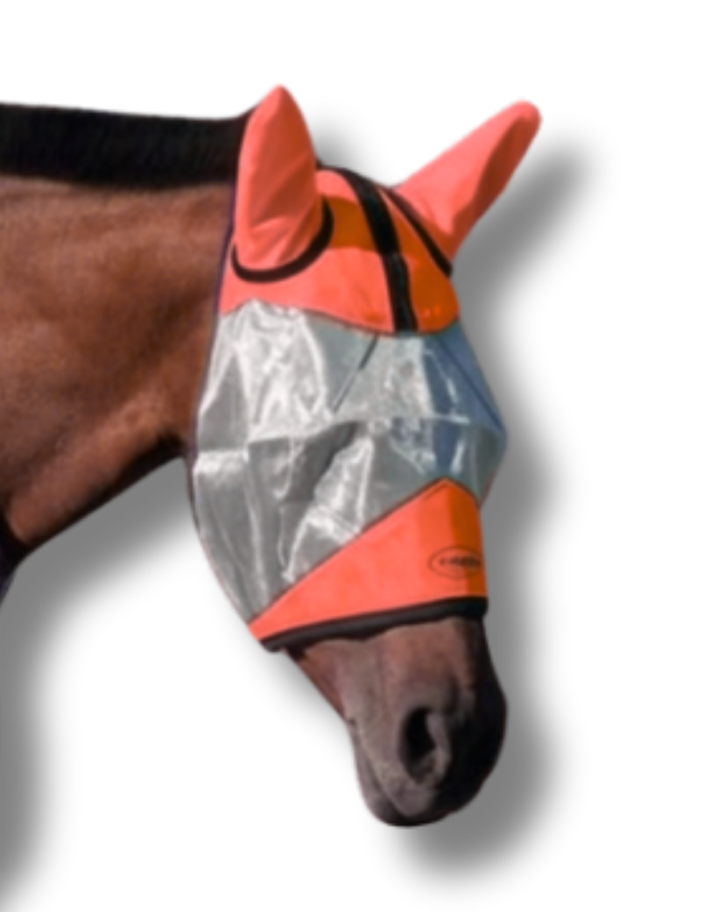 ByeBye Fly Mask coral/orange on horse head with silver panels TailCinch Equine Products on Tampa Home & Garden Store