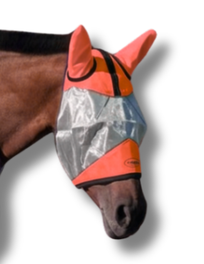 ByeBye Fly Mask coral/orange on horse head with silver panels TailCinch Equine Products on Tampa Home & Garden Store