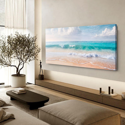 Serene Ocean Wave Coastal Wall Art XII canvas by Tailored Canvases in a living room blue tones on Tampa Home & Garden Store