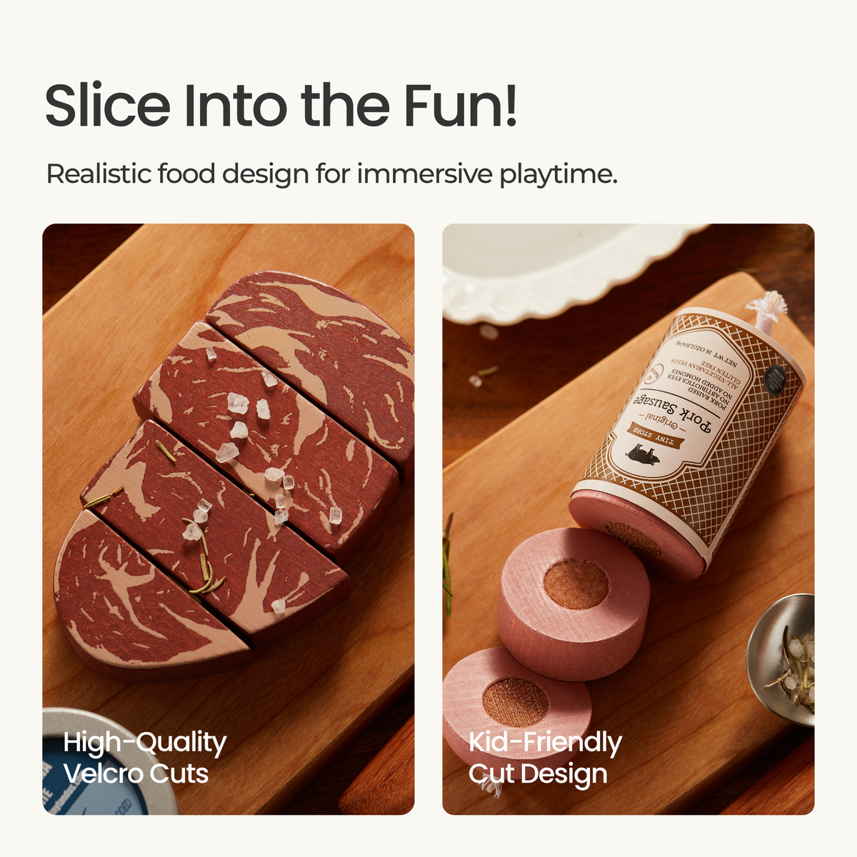 Tiny Land Organic Meat & Seafood Pack play food with beef blocks and pink sausage on wood board on Tampa Home & Garden Store