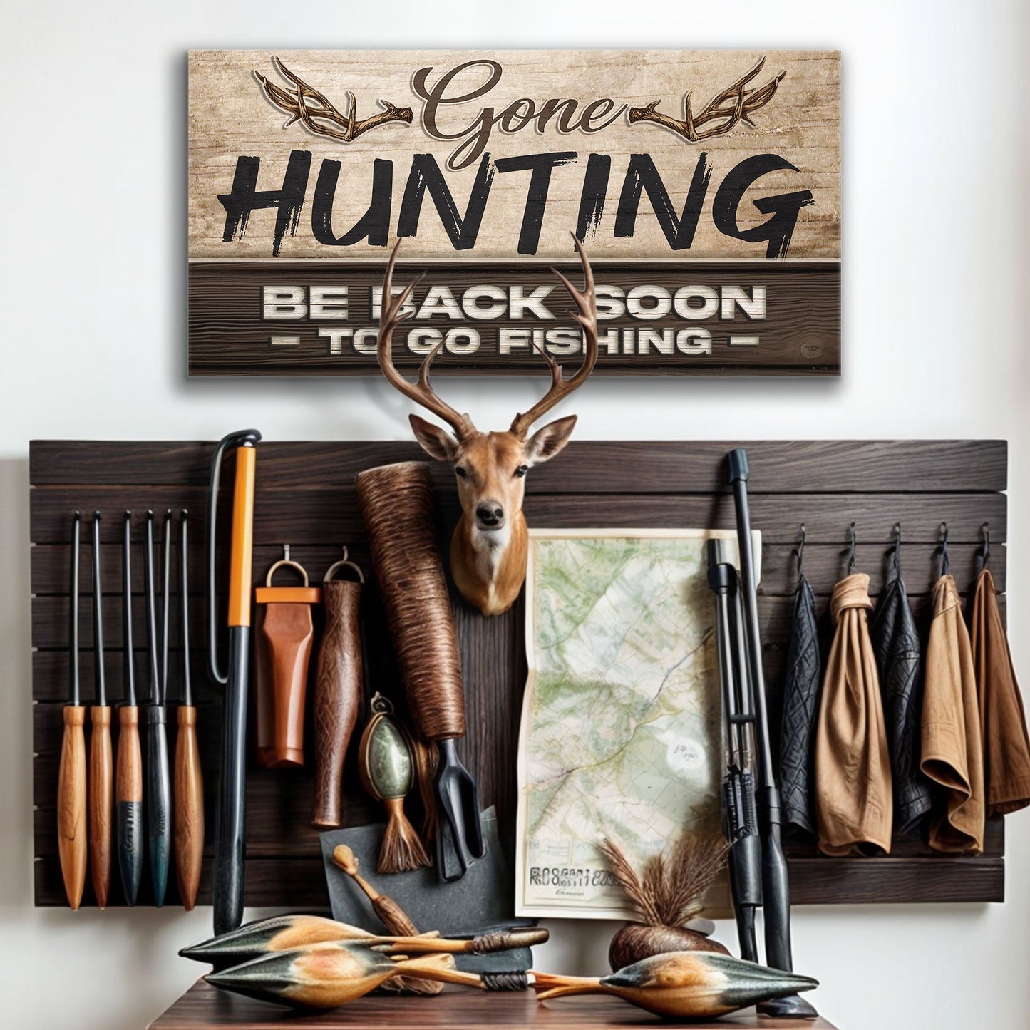 Gone Hunting Sign II canvas wall art with rustic wood panel and antlers Tailored Canvases on Tampa Home & Garden Store