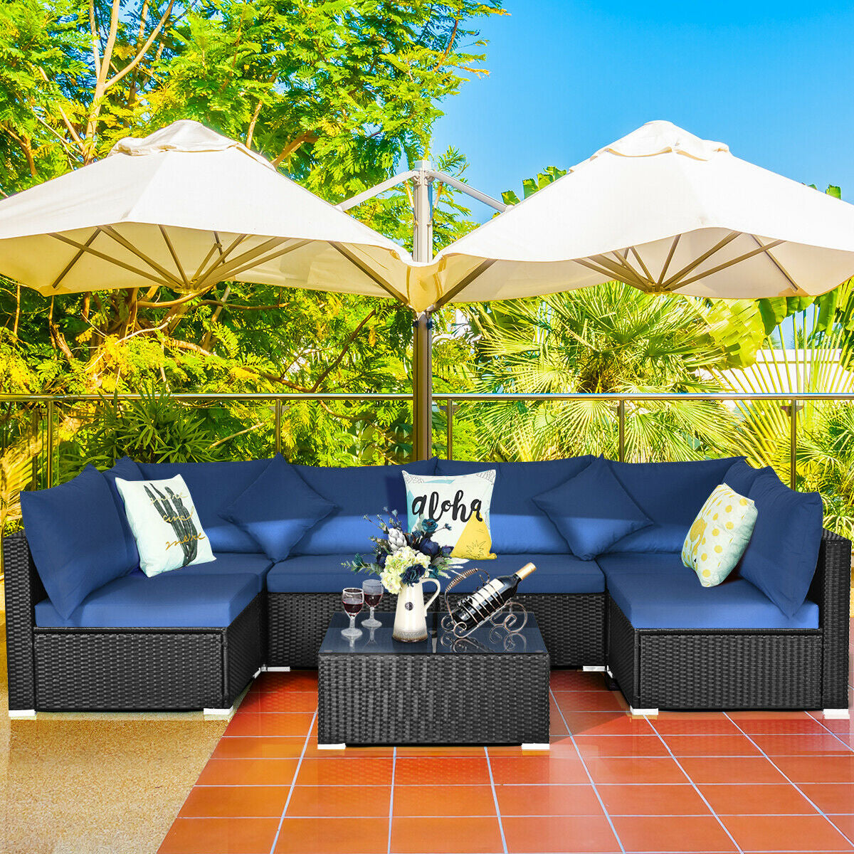 Juego de Sofá Seccional Exterior de 7 Piezas de Ratán para Patio con Tapa de Cristal Templado - Azul Marino