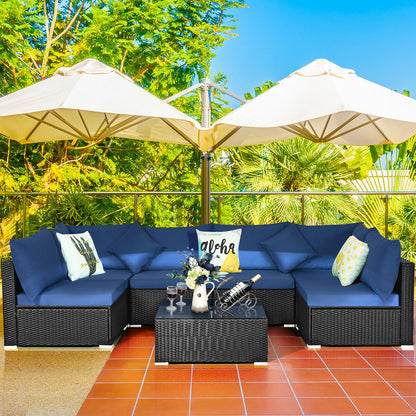 Juego de Sofá Seccional Exterior de 7 Piezas de Ratán para Patio con Tapa de Cristal Templado - Azul Marino