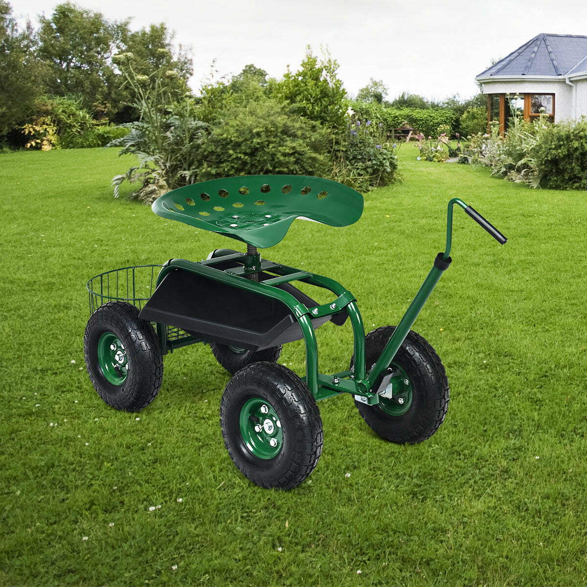 Carro de jardín con manija extensible, patinete de jardín con ruedas - Verde