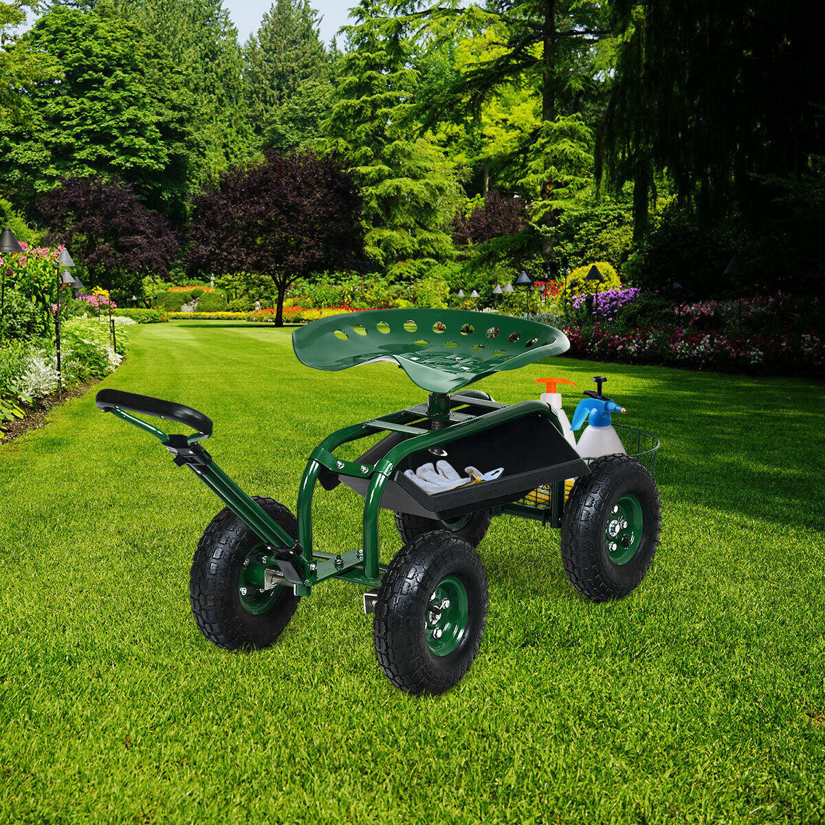 Carro de jardín de servicio pesado con bandeja de herramientas y asiento giratorio 360°-Verde