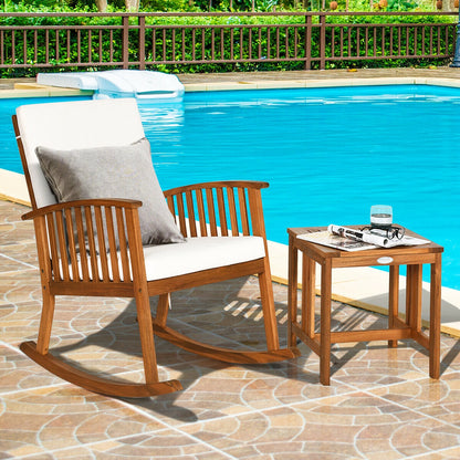 Juego de 2 sillas mecedoras con mesa de patio de madera de acacia