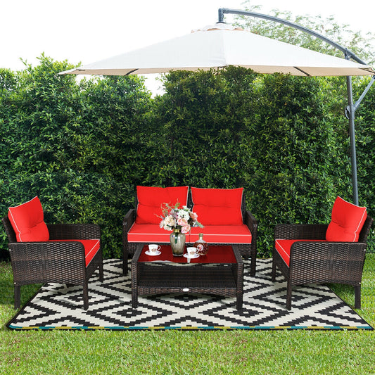 4 Pieces Outdoor Rattan Wicker Loveseat Furniture Set with Cushions-Red - Tampa Home & Garden Store