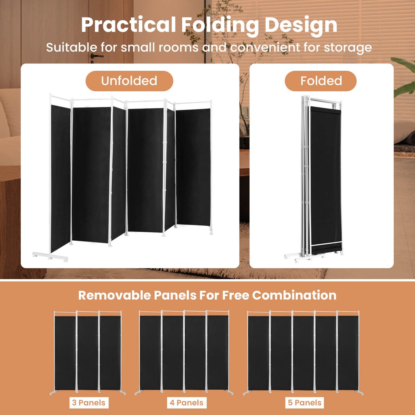 Divisor de ambientes plegable de 6 paneles con base de soporte de acero - Negro