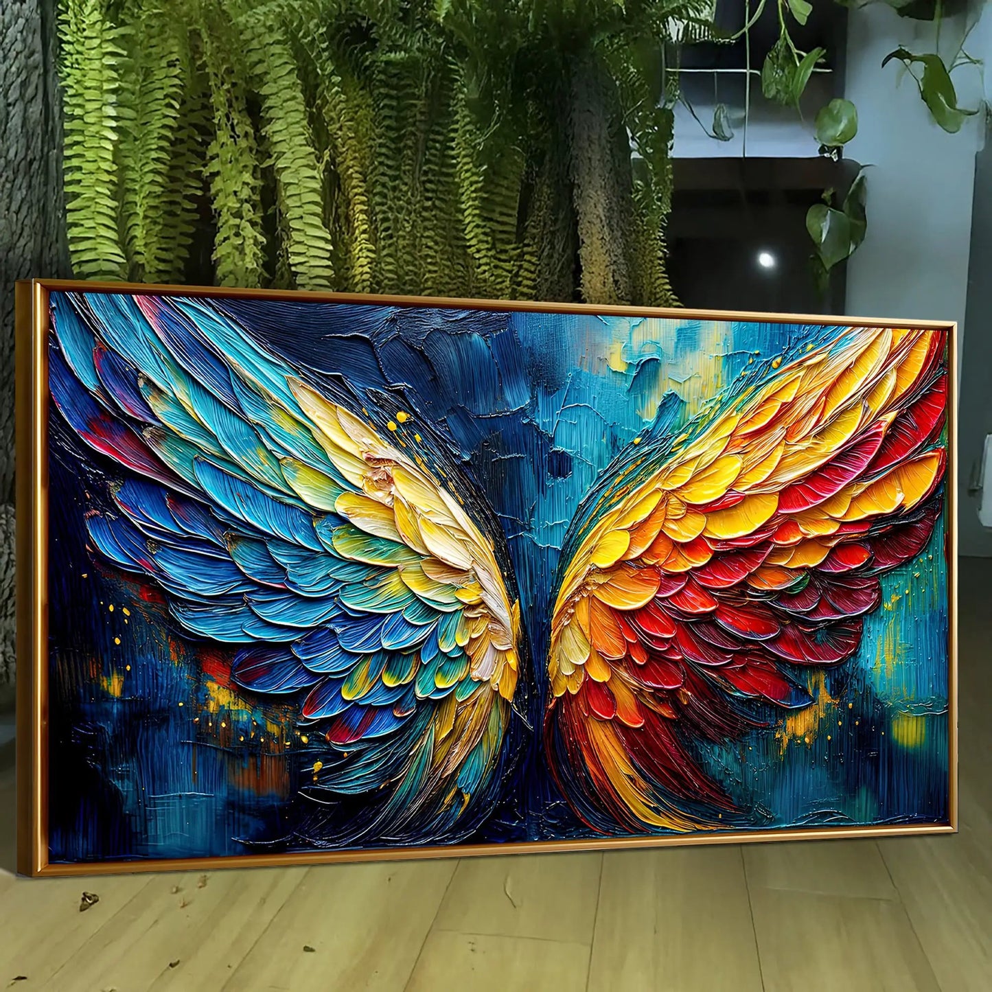 Wings of Fire Wall Art canvas with vivid blue, teal, orange feather textures on Tampa Home & Garden Store
