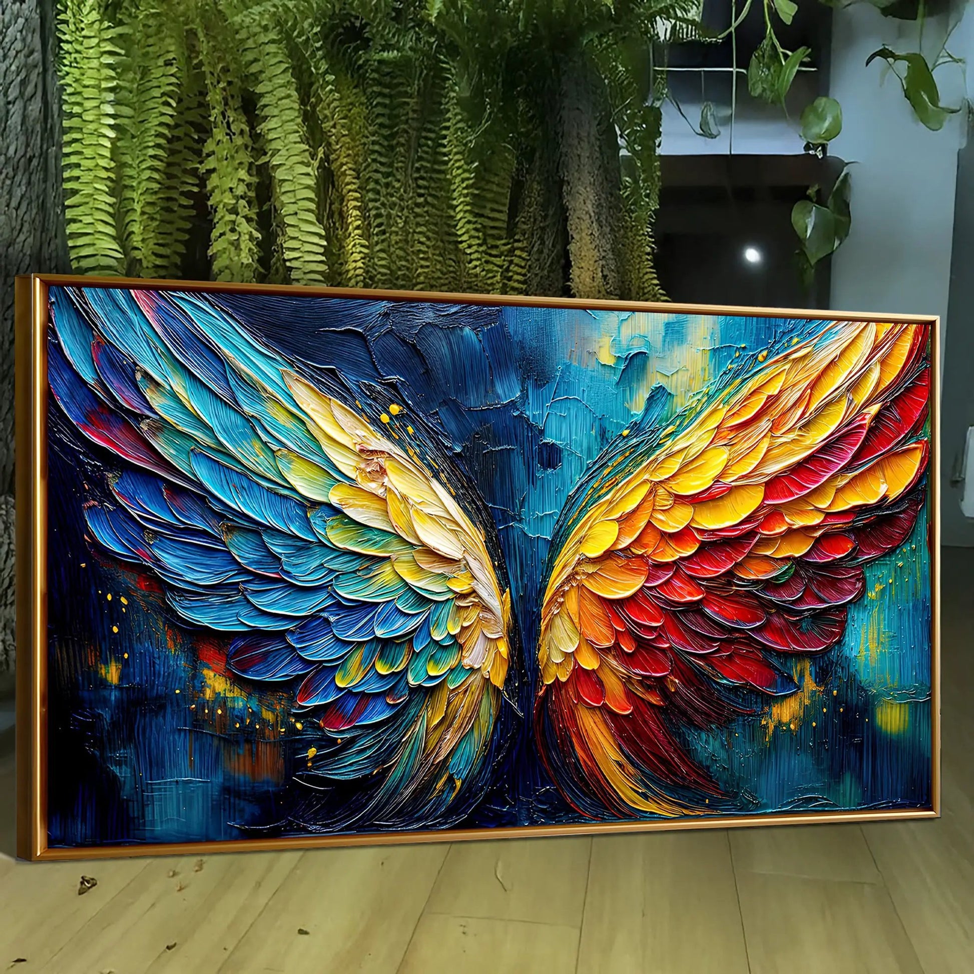 Wings of Fire Wall Art canvas with vivid blue, teal, orange feather textures on Tampa Home & Garden Store