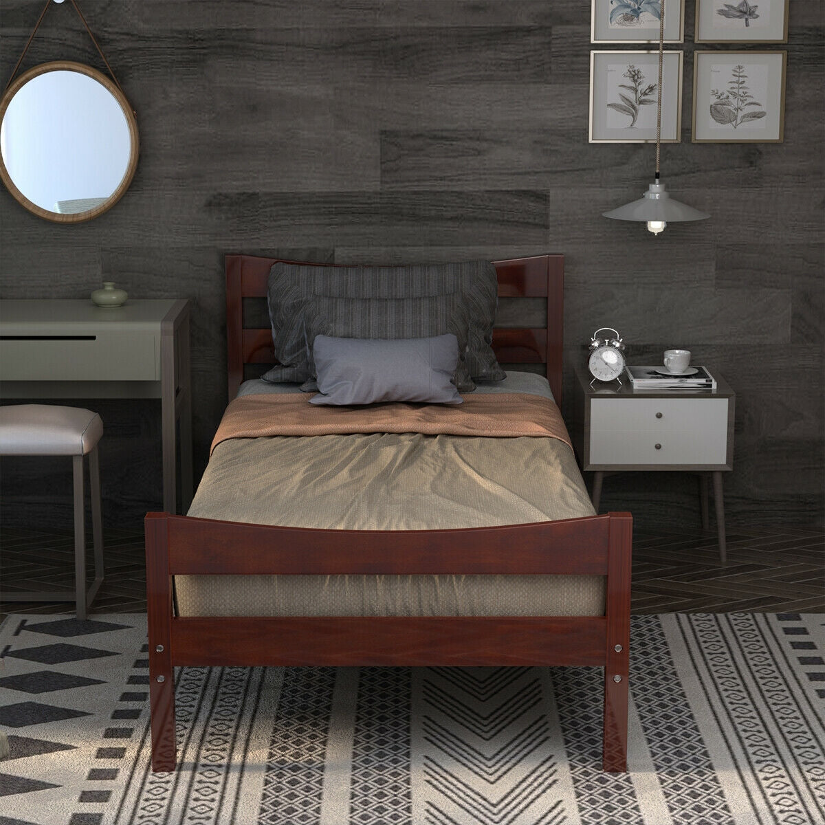 Twin Size Rustic Platform Bed Frame with Headboard and Footboard-Walnut