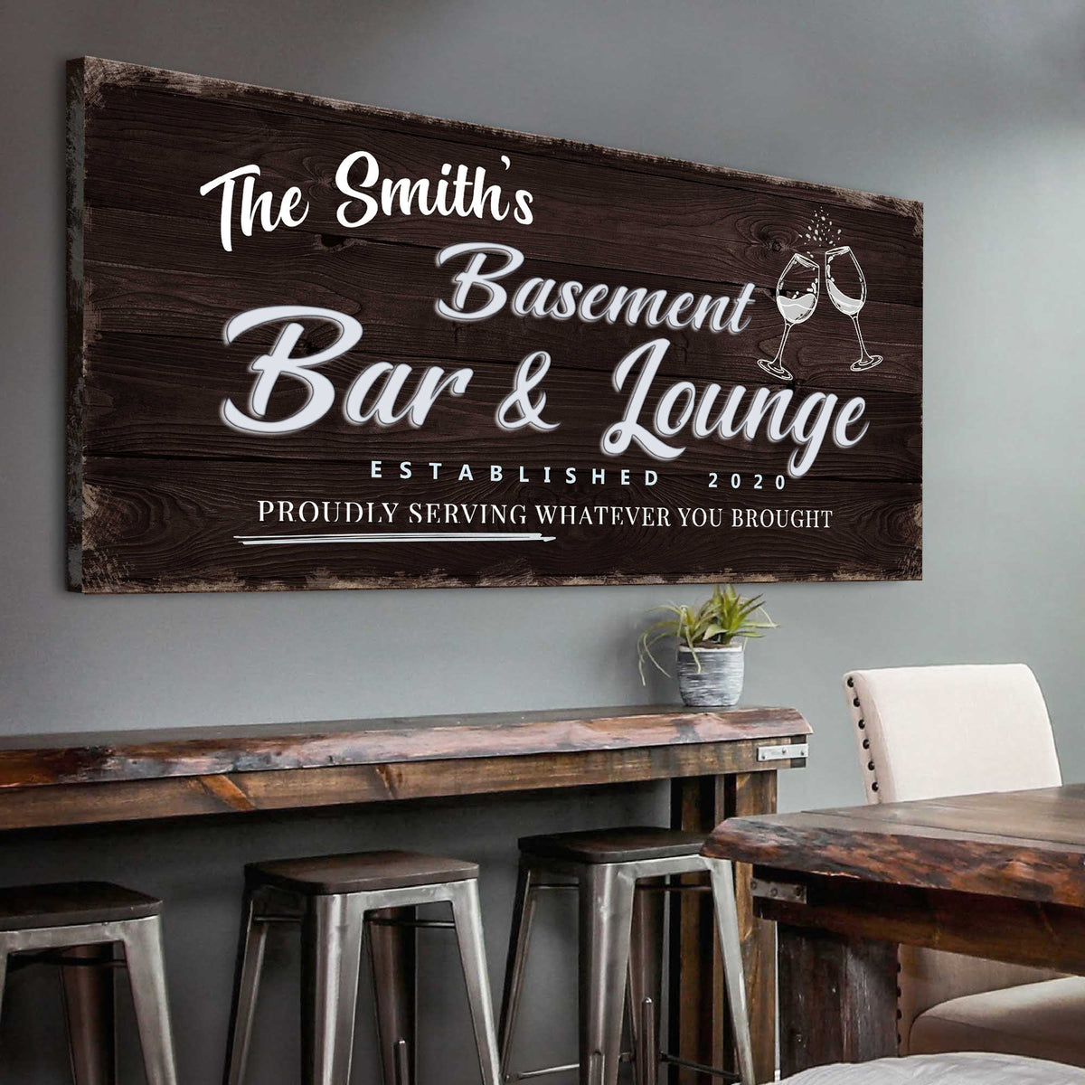 Basement Bar & Lounge Sign IV canvas with rustic wood texture and white script on Tampa Home & Garden Store