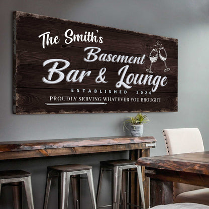 Basement Bar & Lounge Sign IV canvas with rustic wood texture and white script on Tampa Home & Garden Store