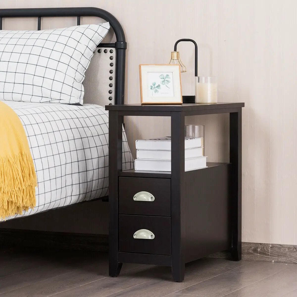 Set of 2 Wooden End Tables with Drawers and Shelf