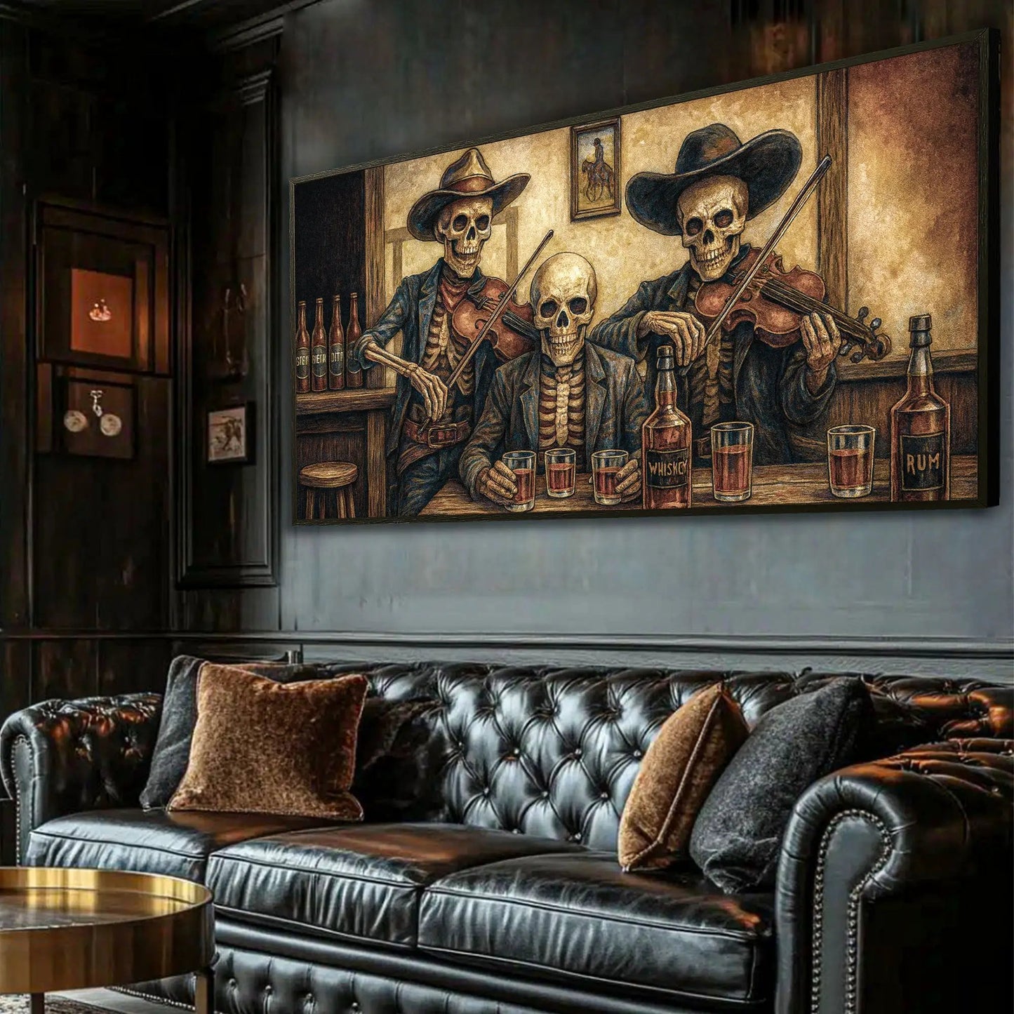 Cowboy Skeletons Bar Wall Art canvas by Tailored Canvases with skeletons in hats at whiskey bar on Tampa Home & Garden Store