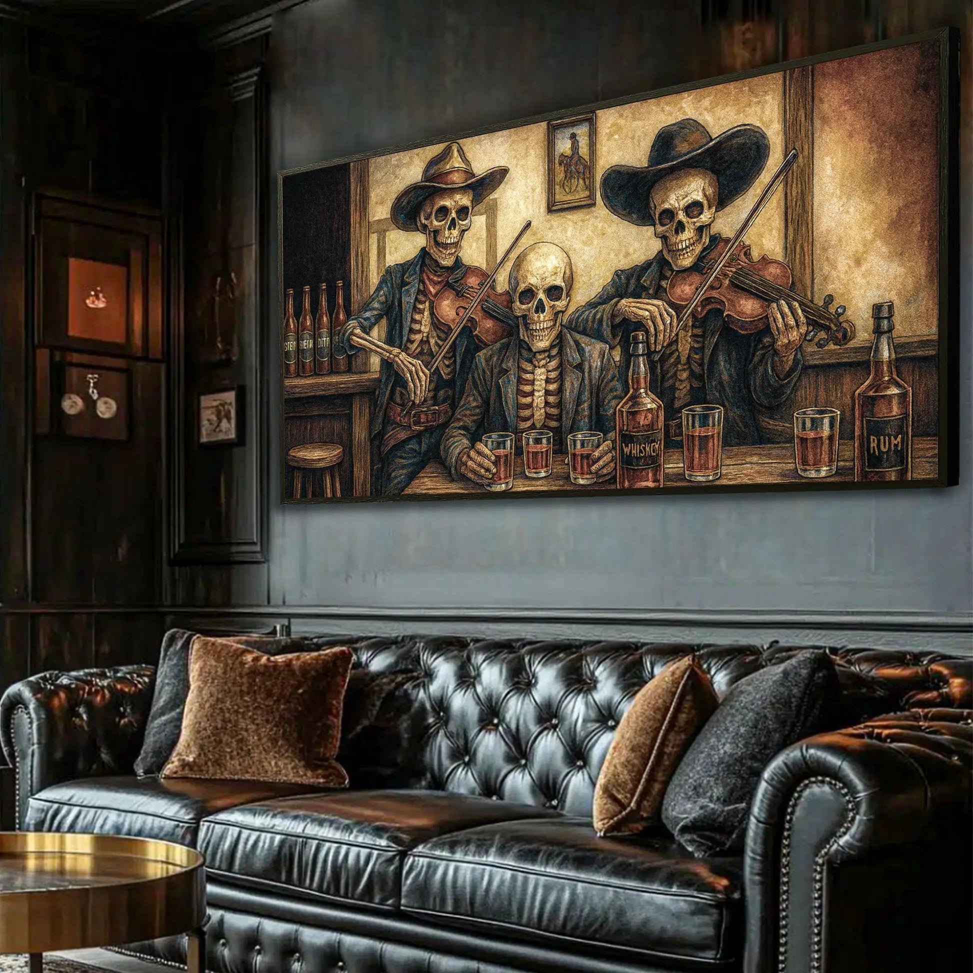 Cowboy Skeletons Bar Wall Art canvas by Tailored Canvases with skeletons in hats at whiskey bar on Tampa Home & Garden Store