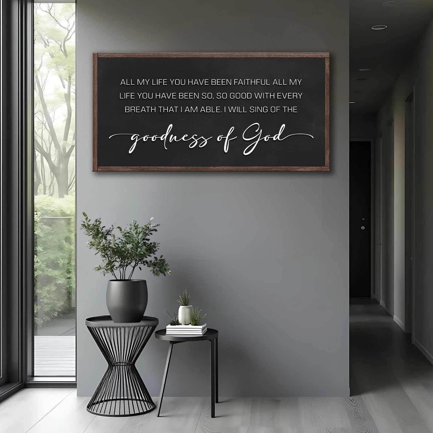 Goodness Of God Faith Sign II crafting canvas with dark chalkboard surface and wooden frame on Tampa Home & Garden Store
