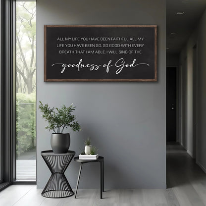 Goodness Of God Faith Sign II crafting canvas with dark chalkboard surface and wooden frame on Tampa Home & Garden Store