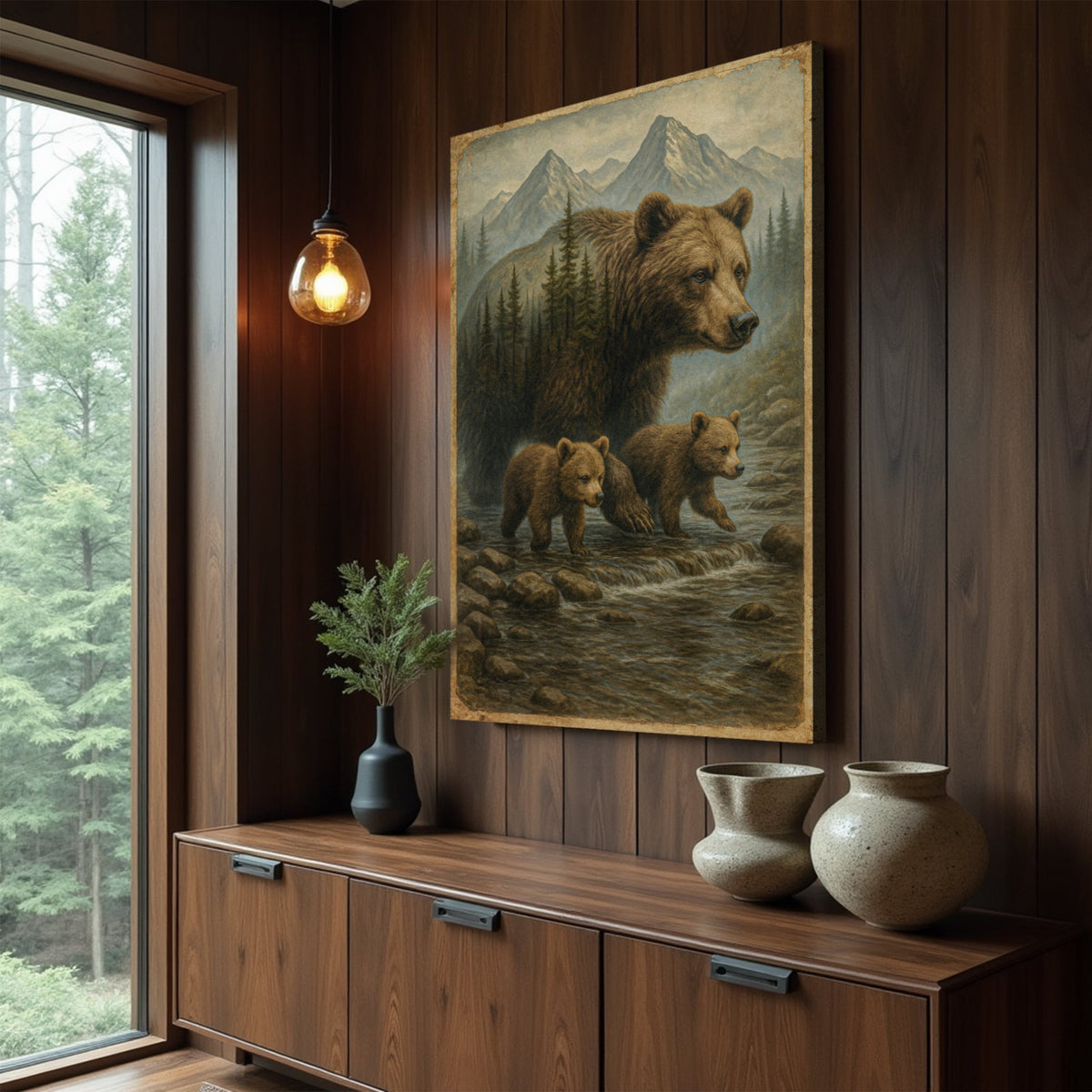 Mother Bear and Cubs Crossing canvas wall art Tailored Canvases earthy mountain scene on Tampa Home & Garden Store
