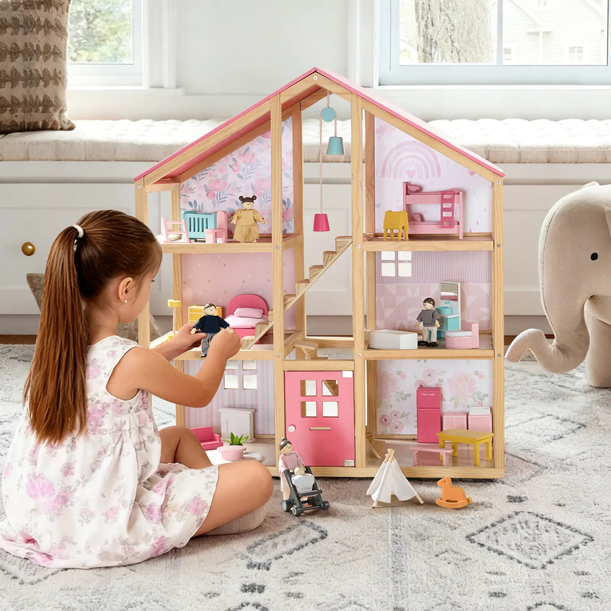 Dollhouse Tiny Land INC Sweetwood Love Dollhouse wooden with pink interior and miniature dolls on Tampa Home & Garden Store