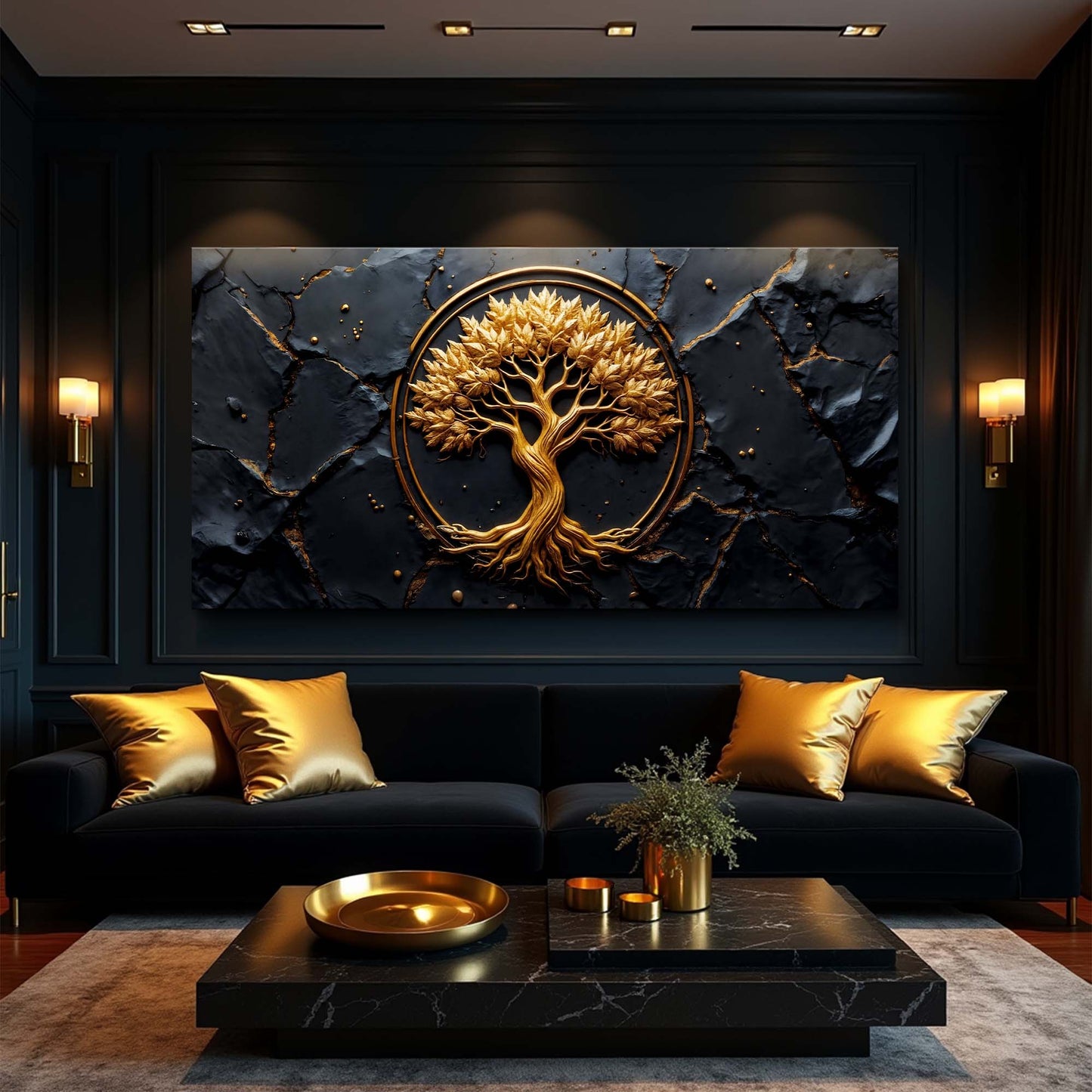 Golden Grove Wall Art canvas by Tailored Canvases with gold tree in frame on dark backdrop on Tampa Home & Garden Store