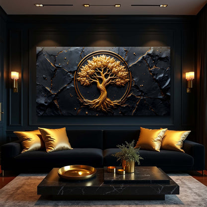 Golden Grove Wall Art canvas by Tailored Canvases with gold tree in frame on dark backdrop on Tampa Home & Garden Store