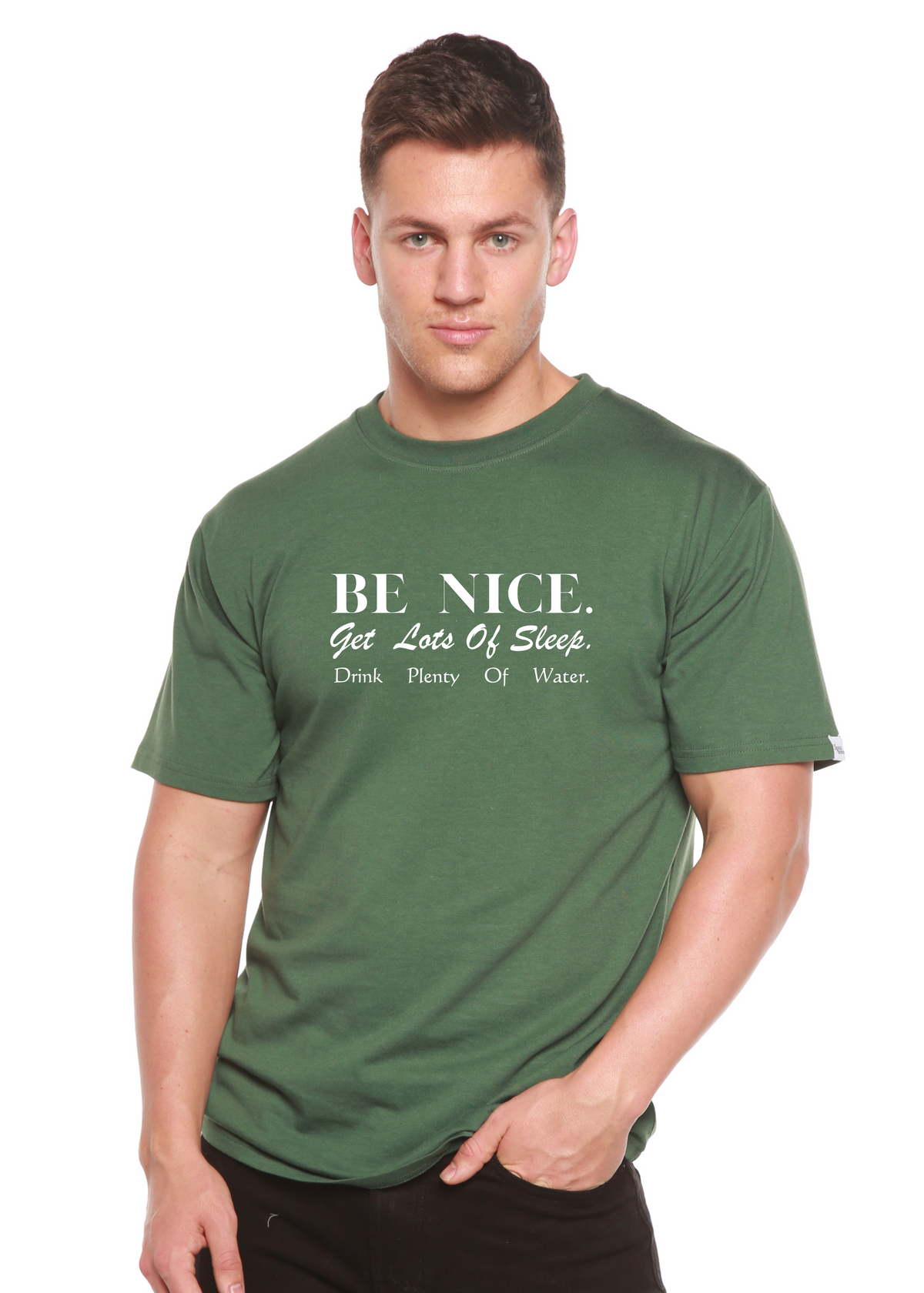 Be Nice men's bamboo viscose/organic cotton short sleeve graphic tee in olive green with white slogan text on chest on Tampa Home & Garden Store